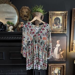 Easel Boho Floral Babydoll Tunic Top Bell Sleeve M
